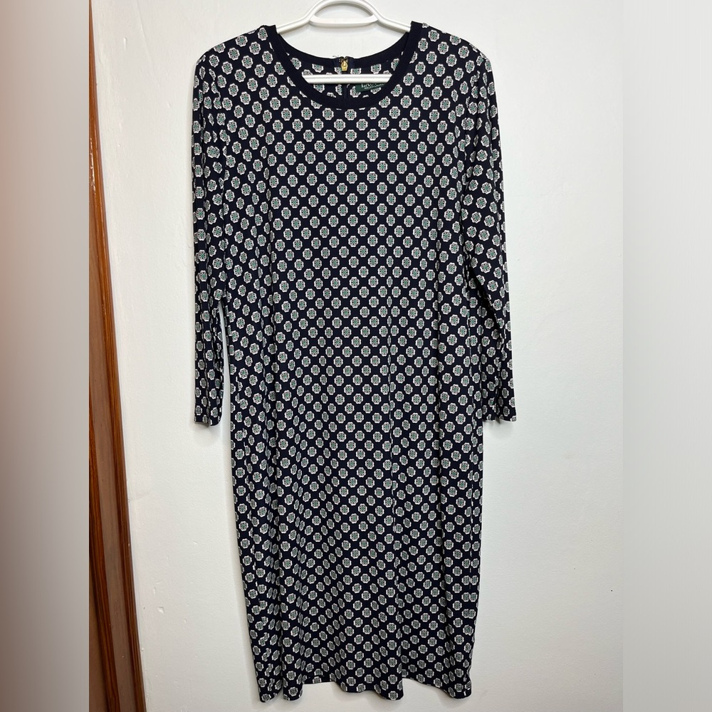 Ralph Lauren Blue Navy Green White Foulard Print Sheath Dress Long Sleeves XL